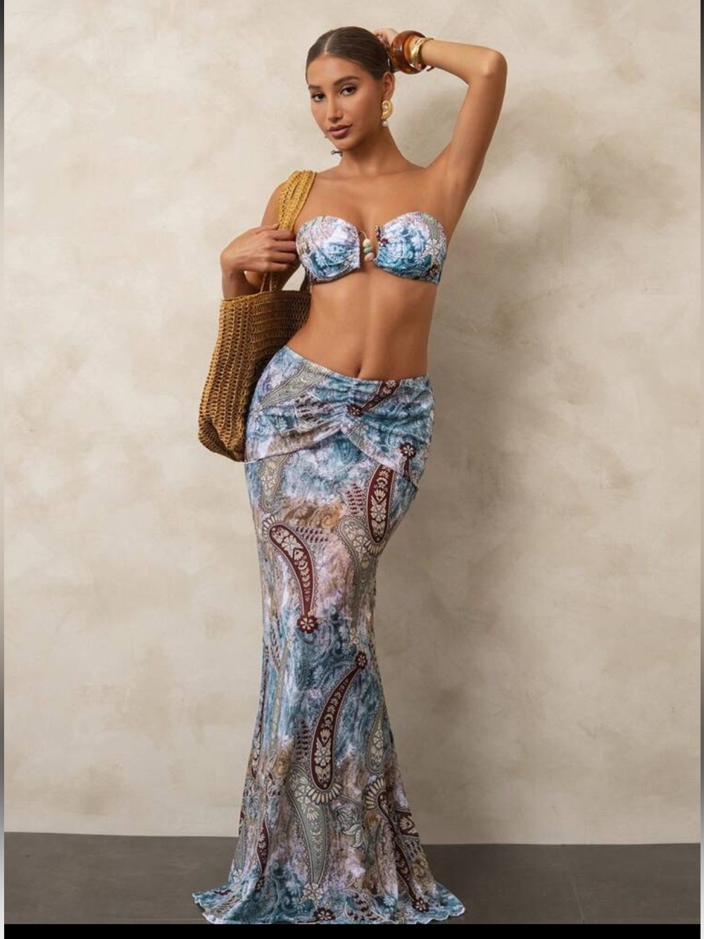 New Paisley Print Maxi Skirt in Blue - Size L